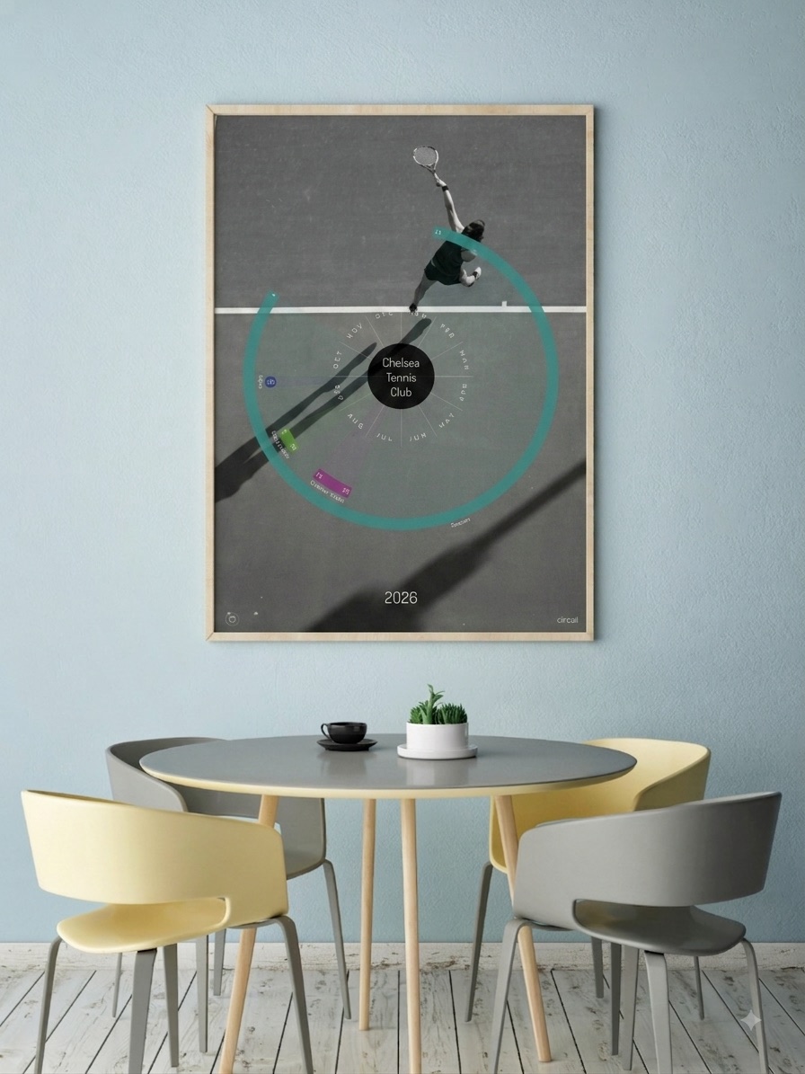 A framed circal for a tennis club, hanging above a dining table